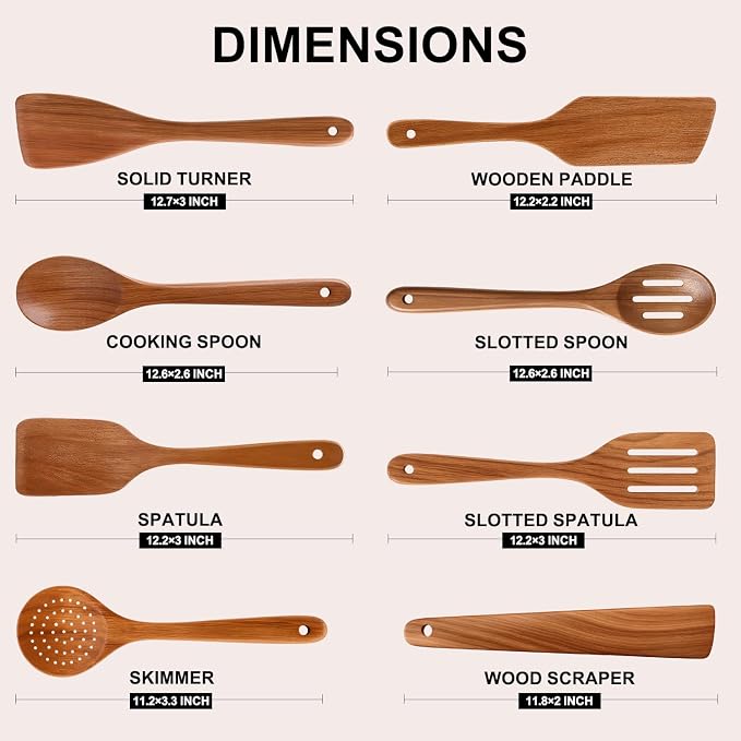 8 Pcs Best Non Toxic Kitchen Utensil Set Teak Wooden Cooking Spoons Nonstick - Image 4