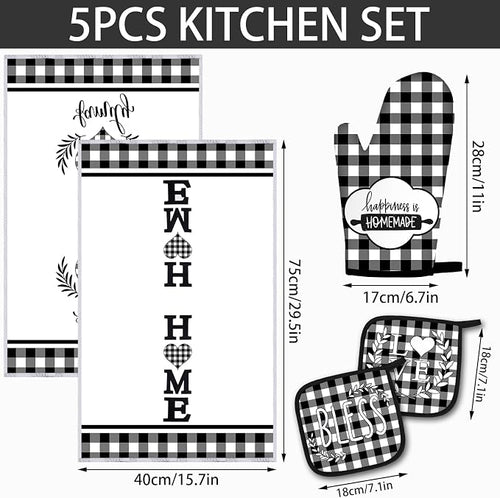 5 Pieces Buffalo Plaid Kitchen Towels Oven Mitts and Pot Holder Set Black and - Image 2