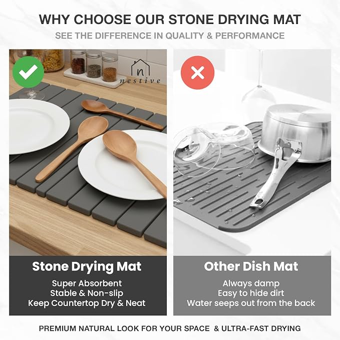 Large Stone Drying Mat for Kitchen Counter | 24"x16" | Fast Drying Collapsible - Image 5