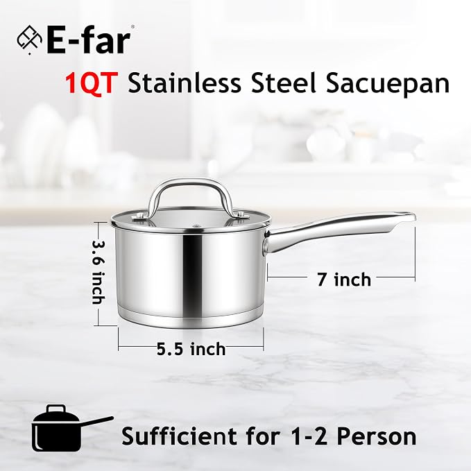 E-far 1 Quart Saucepan with Lid, Stainless Steel Small Sauce Pan Boiling Pot - Image 2