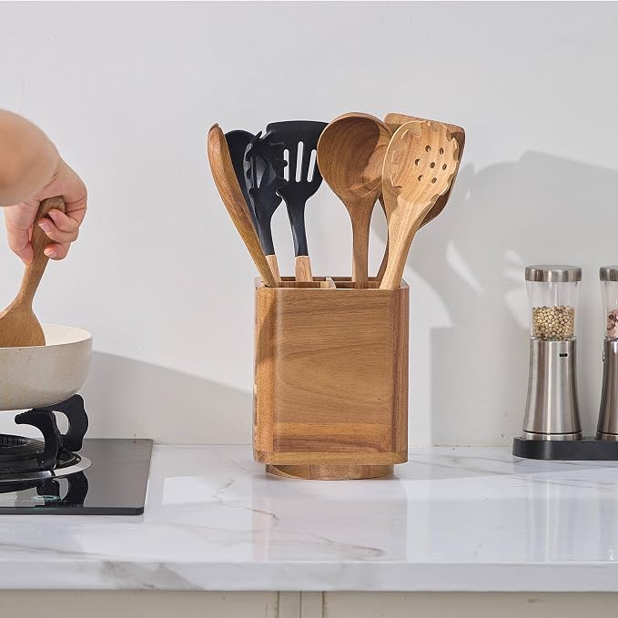 Wood Utensil Holder for Kitchen Counter, 360° Rotating Kitchen Utensil Holder - Image 6