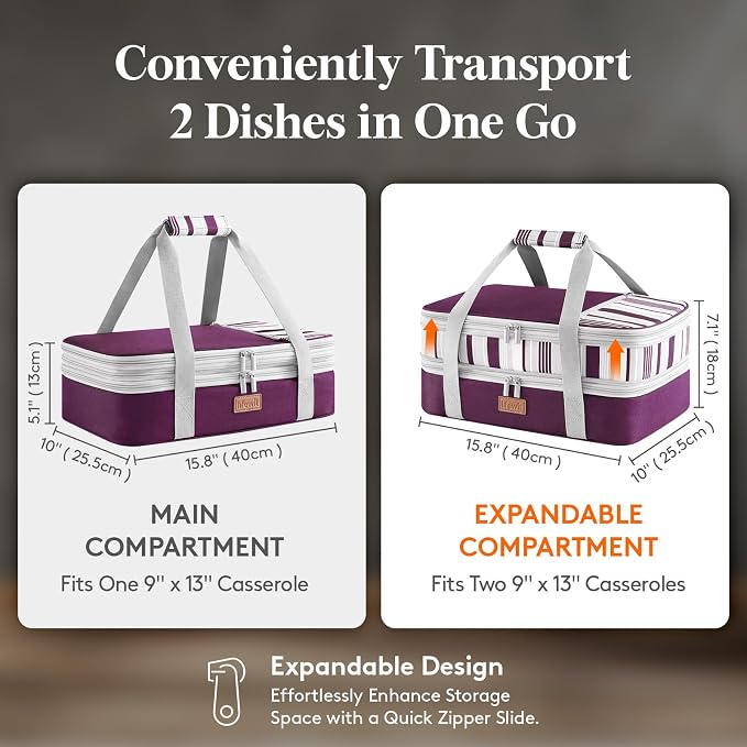 Lifewit Insulated Double Decker Casserole Carrier, Expandable Lasagna Lugger - Image 2
