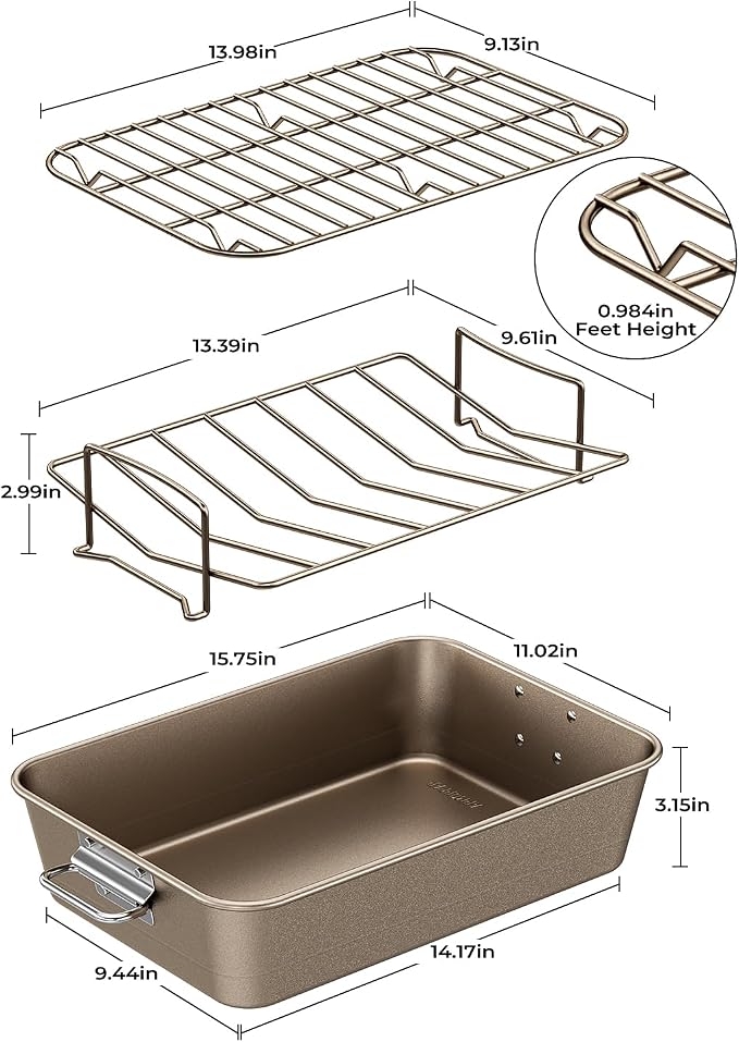 Turkey Roasting Pan with Rack Non stick Carbon Steel Roaster 16x11 Inch - Image 2