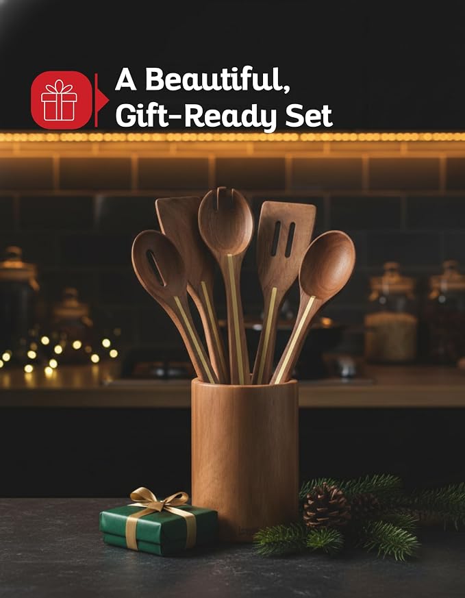Acacia Utensil Set of 5 with Holder – Premium Wooden Cooking Utensils, Eco - Image 5