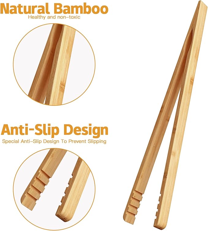 DUJEN 2 Pieces Bamboo Toast Tongs, 10.2 Inches Long Wood Toaster Tongs - Image 3