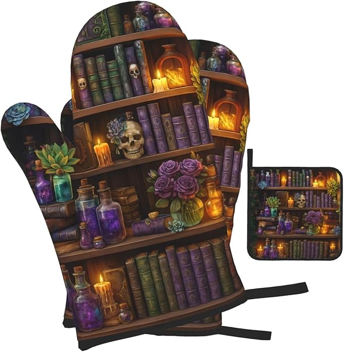 Witch Gothic Oven Mitts and Pot Holders Sets, Witchy Wicca Skull Baking Glovers - Image 2