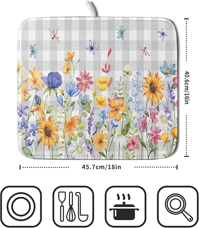 Giwawa Spring Floral Dish Drying Mat, Summer Flower Grey Buffalo Plaids Dish - Image 2
