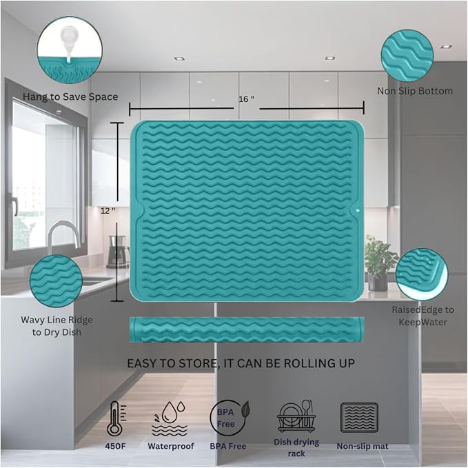 Silicone Drying Mat 16 × 12 – Teal Green Non-Slip Sink Mat - Image 2
