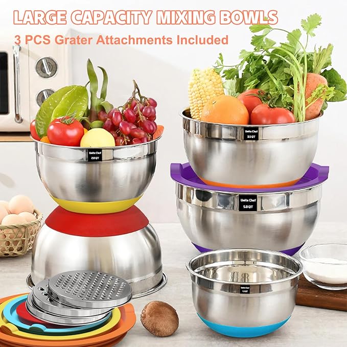 Umite Chef Mixing Bowls with Airtight Lids Set, 3 Grater Attachments & Non-Slip - Image 5