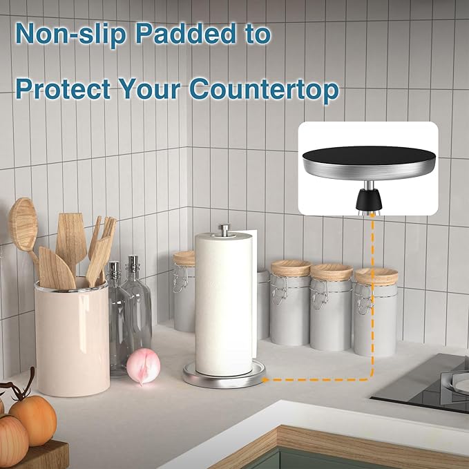 Paper Towel Holder Countertop, One-Handed Tear, Stainless Steel, Weighted Base - Image 4