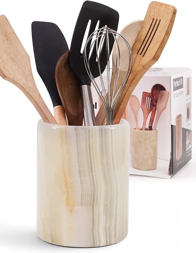Marble Utensil Holder 6.5 Inch Cream Onyx Wooden Cooking Utensils Set & Spatula by SPESHSTONES