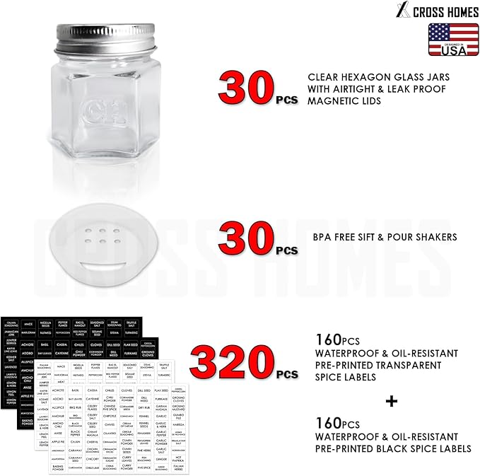 30 Set Magnetic Spice Jars for Refrigerator Hexagon Glass Spice Jars - Image 2