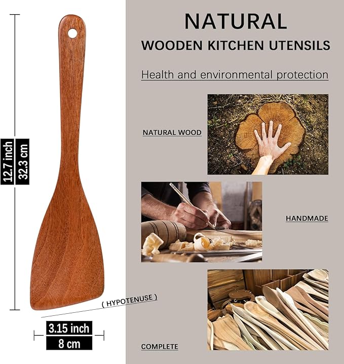 2PCS Wooden Spatulas for Cooking, 12.8inch Coated Sapele Wood Turners for Frying - Image 2