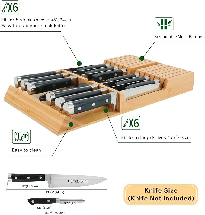 Utoplike in-Drawer Knife Block Bamboo Kitchen Knife Drawer Organizer, Handle - Image 3
