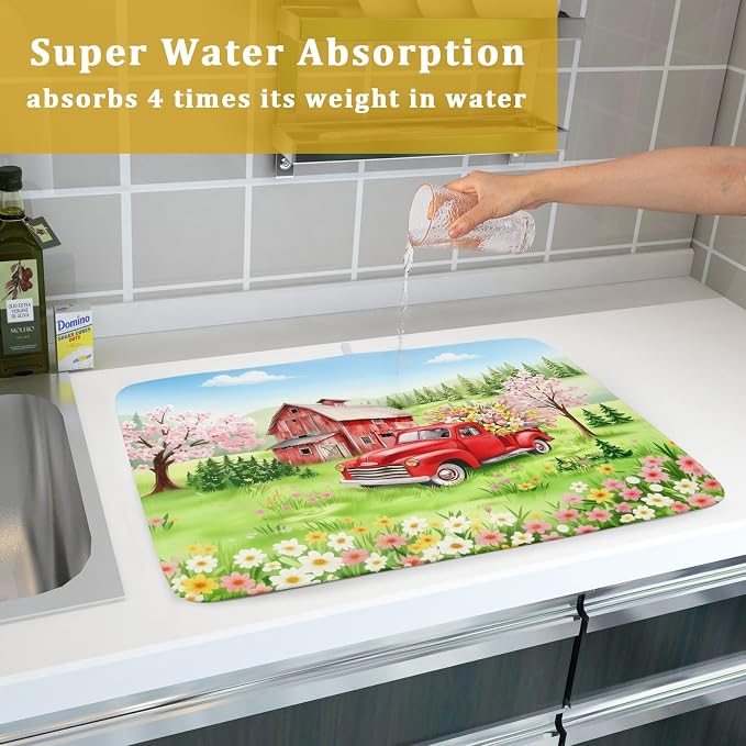 Spring Dish Drying Mat for Kitchen Counter Red Truck Flowers Microfiber - Image 7