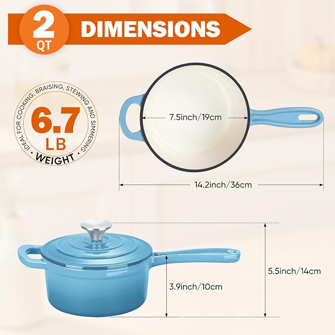 Homikit Small Cast Iron Pot, 2 QT Enameled Cast Iron Sauce Pan - Image 2