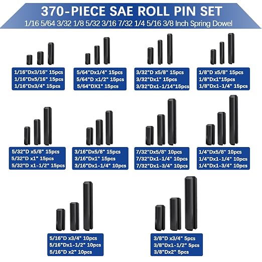 370 Pcs Roll pin Assortment, SAE Roll Pin Set, Slotted Spring Pins, Steel Split - Image 2