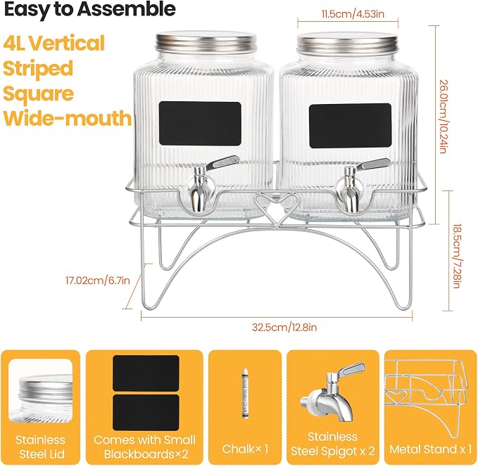 Lulonpon 2 x 4L Glass Drink Dispenser, Beverage Dispenser - Image 3