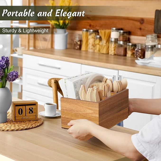 DRASTAR Utensil Caddy, Acacia Wood Silverware Holder, Cutlery Storage Containers - Image 2