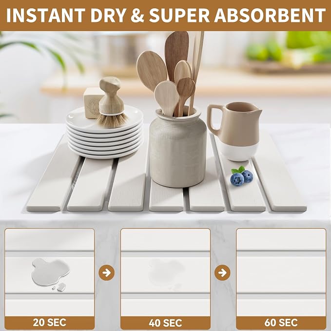 Stone Dish Drying Mat for Kitchen Counter, 15.5''x11.8'' Foldable Quick Dry - Image 3