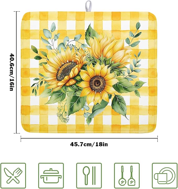 Spring Summer Dish Drying Mat 16x18 Inch Absorbent Reversible Sunflower Drying - Image 2