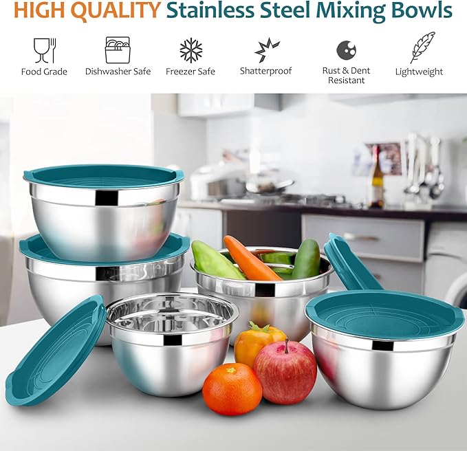 E-far Mixing Bowls with Teal Blue Lids Set of 5, Stainless Steel Mixing Bowls - Image 2