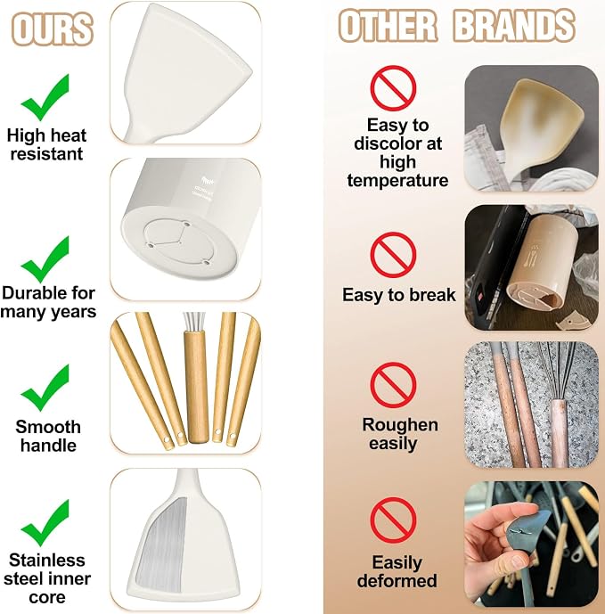 Umite Chef Silicone Kitchen Utensil Set, Cream White Wood Handles - Image 6