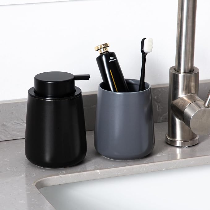 Enra Grey Soap Dispenser, 12 oz Ceramic Hand Lotion Dispenser, Refillable Dish - Image 8
