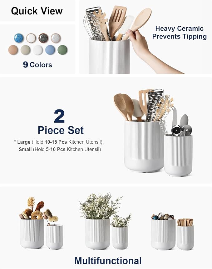 LE TAUCI Utensil Holder for Kitchen Counter, 7.3"+5.4" Fluted Ceramic Utensil - Image 2