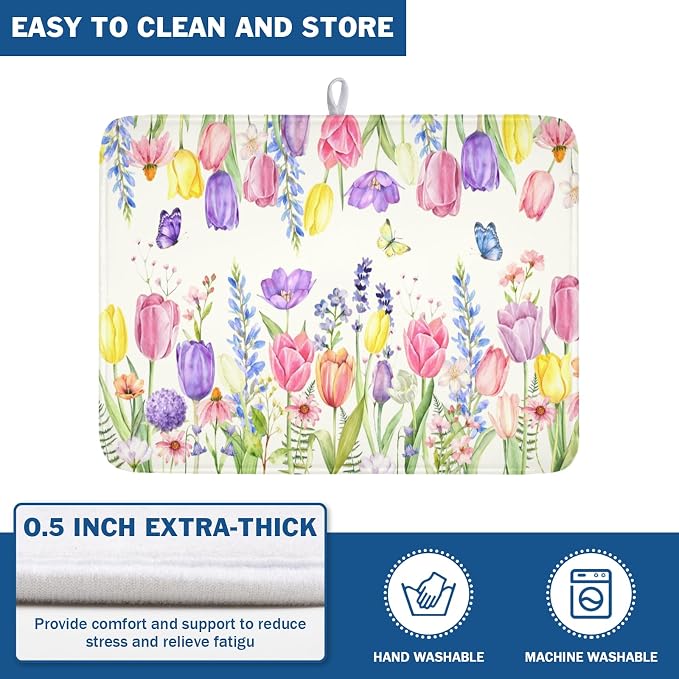 Spring Floral Dish Drying Mat for Kitchen Counter Easter Tulip Lavender Flower - Image 5