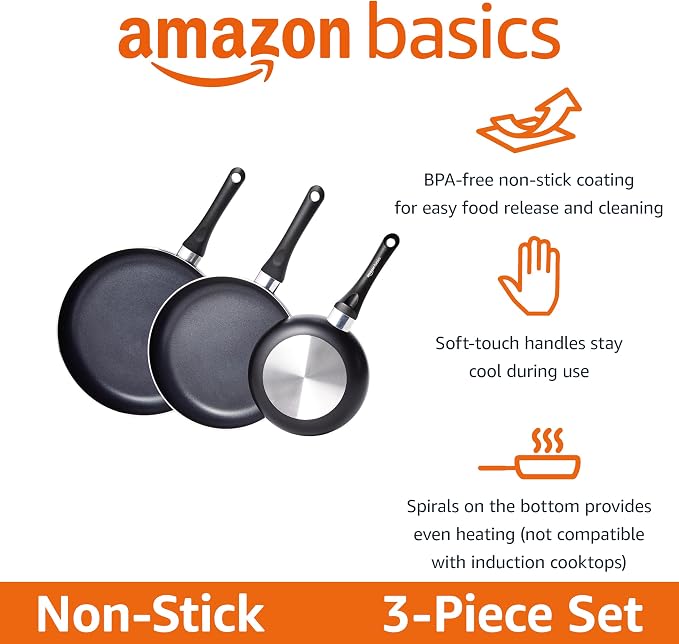Amazon Basics Ceramic Non-Stick 3-Piece Frying Pan Set, 8 Inch, 10 Inch & 12 - Image 2