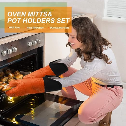 Silicone Oven Mitts and Pot Holders Set, MTZRFLL Extra Long Heat Resistant Oven - Image 4