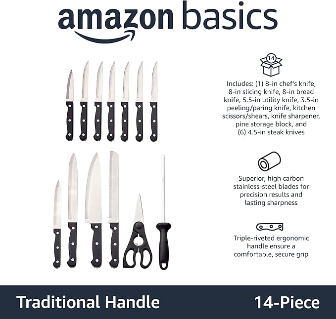 Amazon Basics 14-Piece High Carbon Stainless Steel Kitchen Knife Set - Image 2