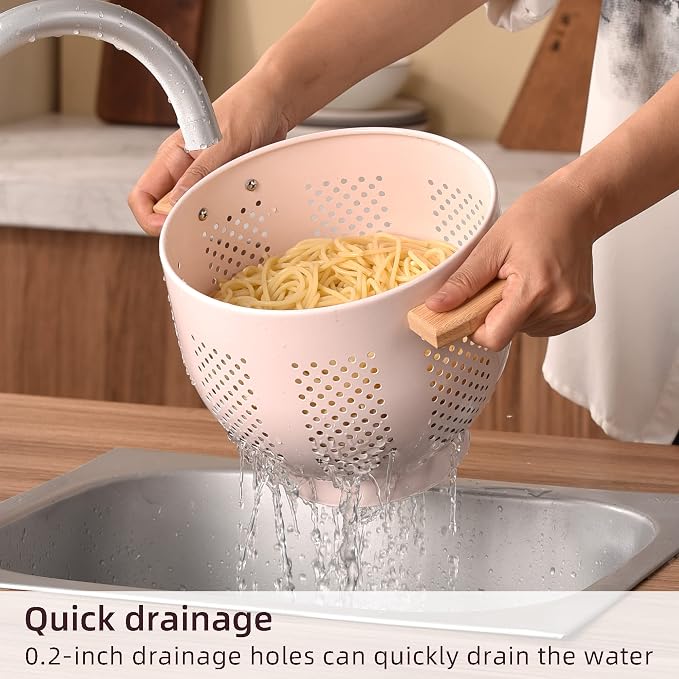 Metal Colander with Wood Handle and Stable Base, Powder Coated Steel Kitchen - Image 3