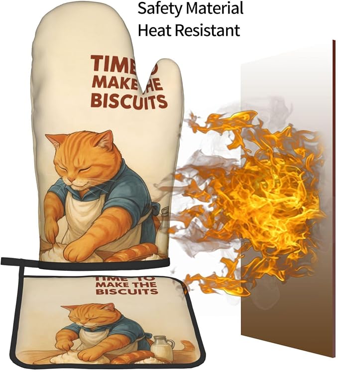 Cute Cat Oven Mitts and Pot Holder Set, Funny Heat Resistant Kitchen Gloves Hot - Image 7