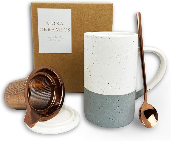 Mora Ceramics Tea Cup with Loose Leaf Infuser, Spoon and Lid, 12 oz, Microwave by MORA