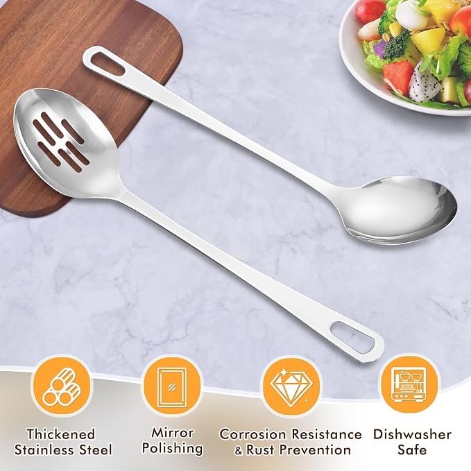 2 Pcs Stainless Steel Cooking Spoons Set, Solid & Slotted Metal Serving Spoons - Image 2