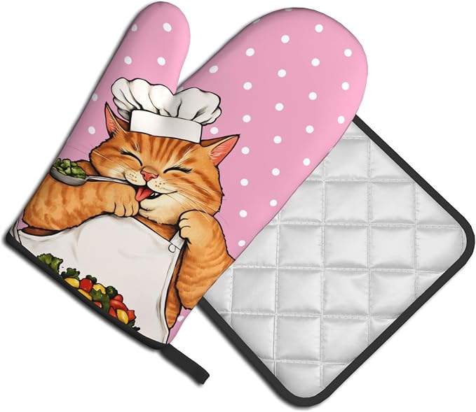 Cat Oven Mitts - Pink Oven Mitts and Pot Holders Sets of 2 Cute Kitten Cooker - Image 2