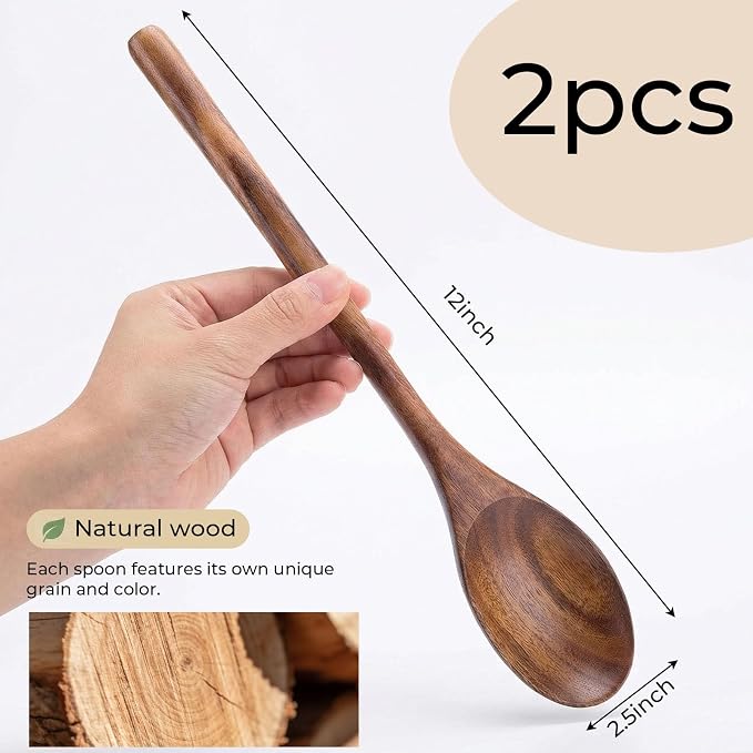 HAKSEN 2PCS Wooden Cooking Spoons, Natural Acacia Wood Kitchen Utensil - Image 7