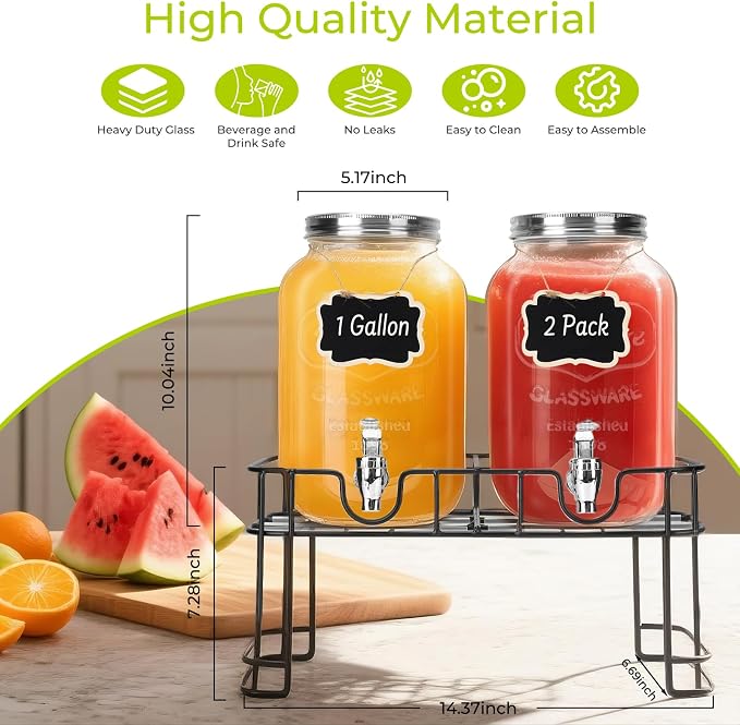DHSBTLS 1 Gallon Glass Drink Dispensers, 2 Pack Clear Beverage Dispenser - Image 3