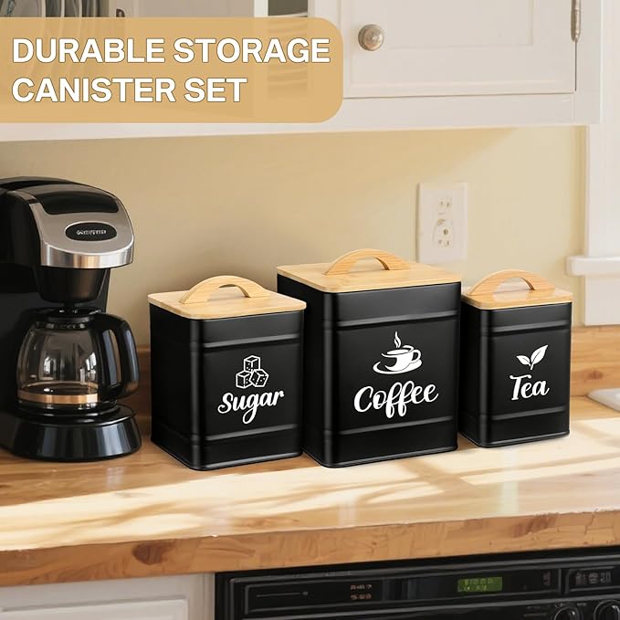 Maxdot 3 Set Coffee Sugar Tea Containers, Square Airtight Kitchen Canisters - Image 6