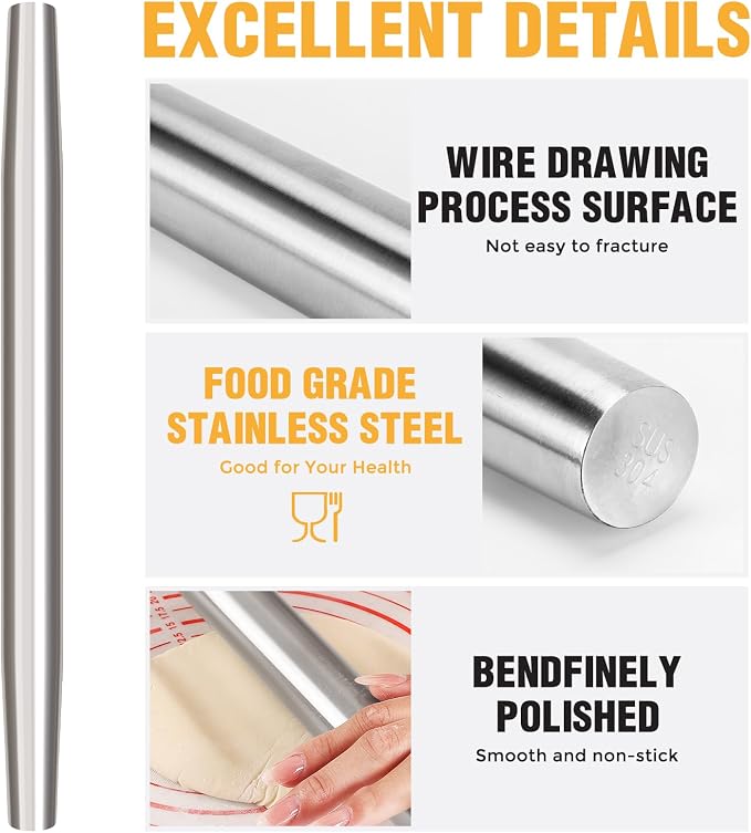 Smooth Stainless Steel Rolling Pin - Image 3