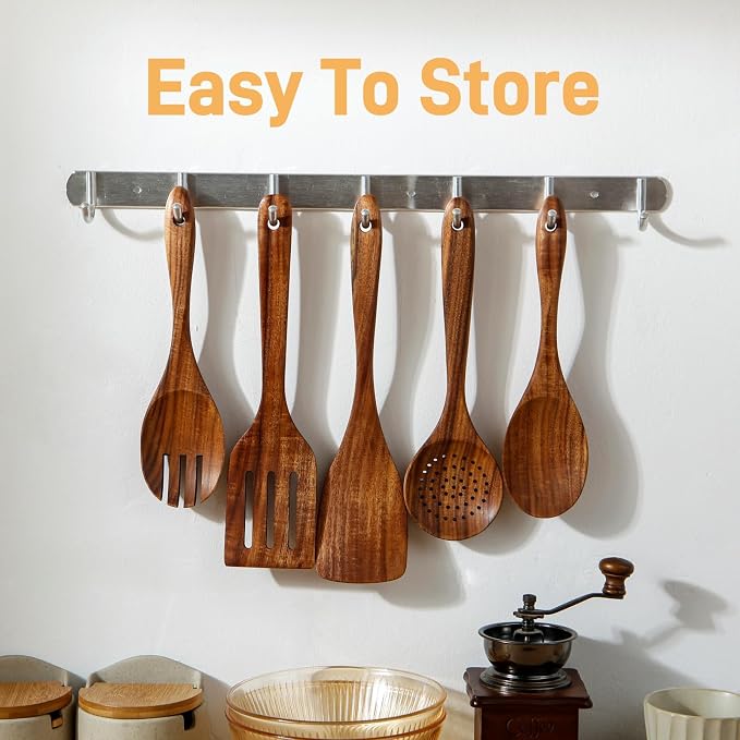 Teak Wooden Spoons for Cooking:6 Piece Wood Kitchen Utensils Set, Comfort Grip - Image 6