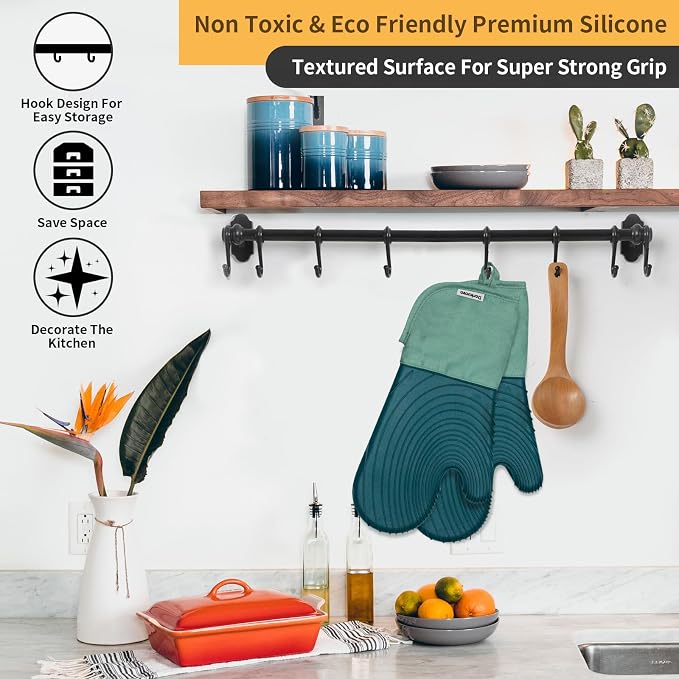 Silicone Oven Mitt Pack, Cotton Lined Gloves, Long Cooking Mitts and Trivet Mats - Image 6