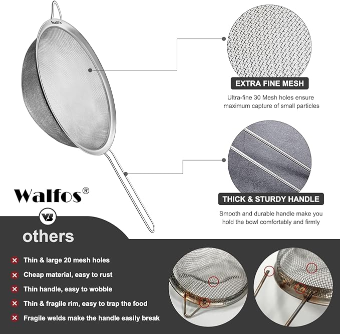 Walfos Large Fine Mesh Strainer 9.35" & 7.8", Stainless Steel Mesh Sieve - Image 8