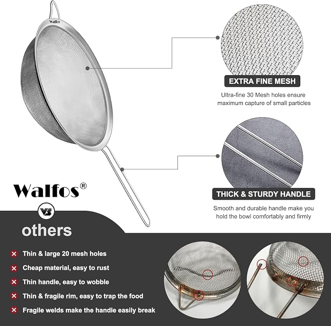 Walfos 9.35 Inch Large Fine Mesh Strainer, Stainless Steel 30 Mesh Sieve - Image 7