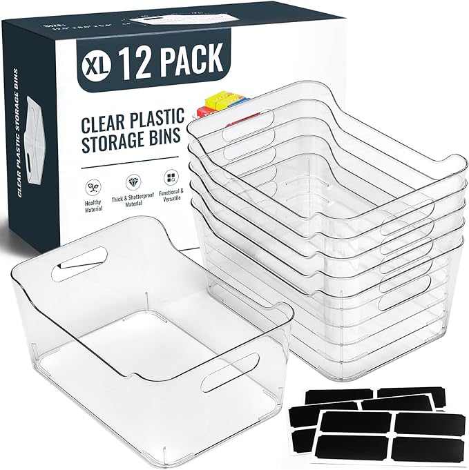 12 PACK Multi-Use Clear Plastic Storage Bins by MakeLifeBetterEasier