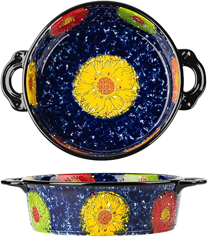 Vintage Style Pottery Bakeware Colorful Daisy Pattern Ceramic Casserole Dish by Bicuzat