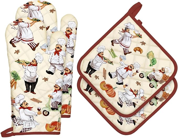 Chef Oven Mitts and Pot Holders Sets 4Pcs, 100% Cotton Heat Resistant, Extra by Arquiel