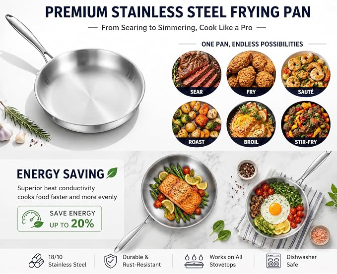 DELARLO Triply Stainless Steel Pan 8 Inch Frying pan, Induction Skillet - Image 3